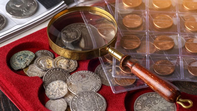 Coins in an album and red velvet tray beside a magnifier as Dallas proof sets and mint sets are reviewed