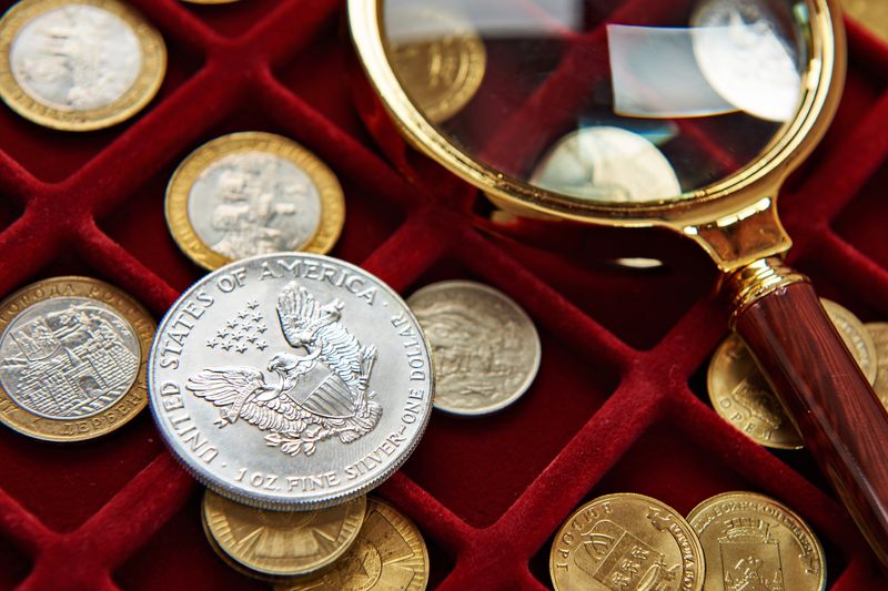 American Silver Eagle on a red velvet tray during a free coin appraisal in Dallas