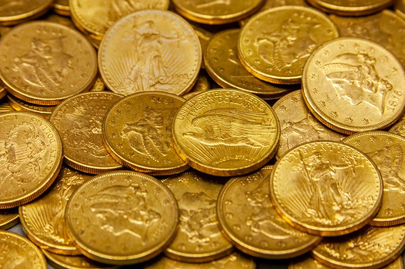 Pile of U.S. gold double eagles reviewed by a Dallas gold coin dealer